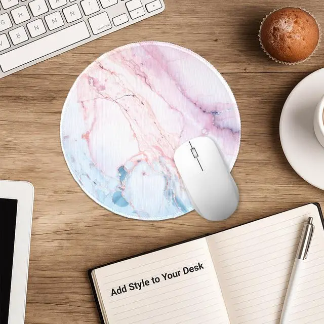 Alt view image 6 of 7 - Marble Round Mouse Pad, Pink Marble Customized Premium-Textured Washable Desktop Protection Mouse Mat with Non-Slip Rubber Base 7.87×7.87×0.12 inches