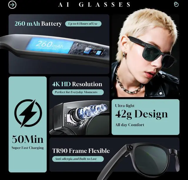 Alt view image 4 of 5 - _Mega Brand AI Smart Glasses with 4K HD Camera for Photos & Videos, Hands-Free Vlog Recording, Powered by ChatGPT, Open-Ear Audio, Ultra-Light Design for Driving, Outdoor, Pet & Kid, Black