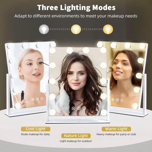 Alt view image 2 of 7 - _Mega Brand Vanity Mirror with Lights, 13'' x 11'' Lighted Makeup Mirror for Desk, Hollywood Mirror with 12 Dimmable Bulbs, 3 Color Modes, Smart Touch Control, 360°Rotation