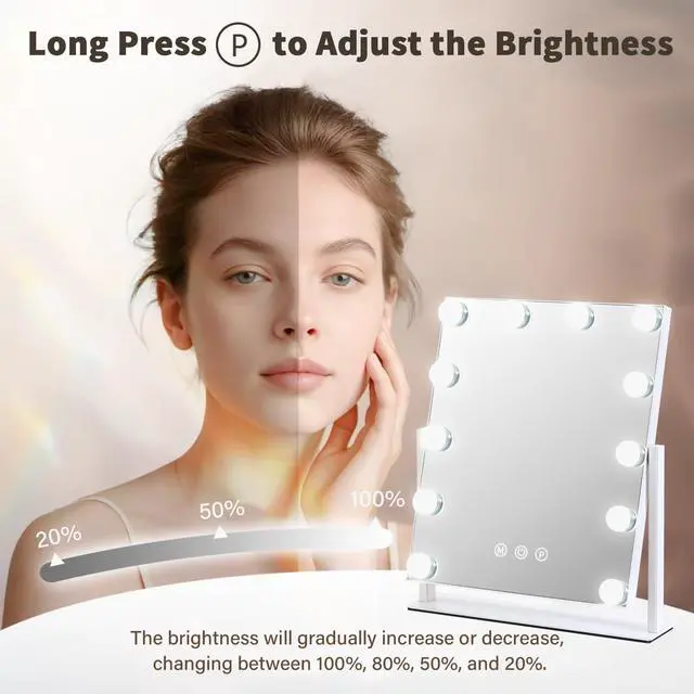 Alt view image 3 of 7 - _Mega Brand Vanity Mirror with Lights, 13'' x 11'' Lighted Makeup Mirror for Desk, Hollywood Mirror with 12 Dimmable Bulbs, 3 Color Modes, Smart Touch Control, 360°Rotation