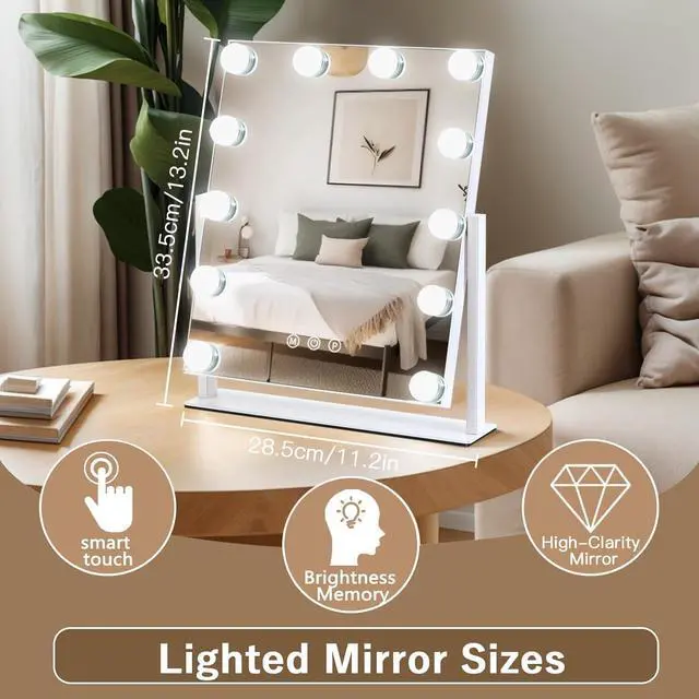 Alt view image 4 of 7 - _Mega Brand Vanity Mirror with Lights, 13'' x 11'' Lighted Makeup Mirror for Desk, Hollywood Mirror with 12 Dimmable Bulbs, 3 Color Modes, Smart Touch Control, 360°Rotation
