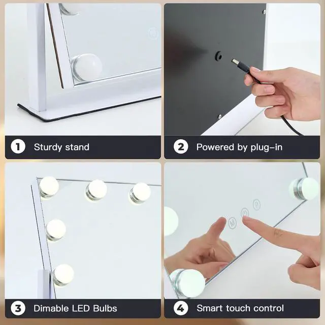 Alt view image 5 of 7 - _Mega Brand Vanity Mirror with Lights, 13'' x 11'' Lighted Makeup Mirror for Desk, Hollywood Mirror with 12 Dimmable Bulbs, 3 Color Modes, Smart Touch Control, 360°Rotation