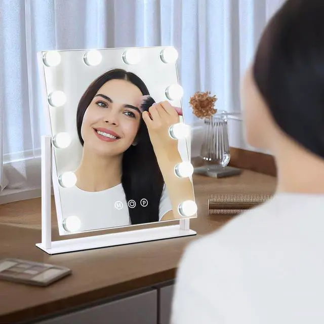 Alt view image 6 of 7 - _Mega Brand Vanity Mirror with Lights, 13'' x 11'' Lighted Makeup Mirror for Desk, Hollywood Mirror with 12 Dimmable Bulbs, 3 Color Modes, Smart Touch Control, 360°Rotation