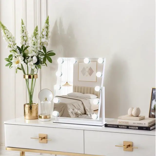 Alt view image 7 of 7 - _Mega Brand Vanity Mirror with Lights, 13'' x 11'' Lighted Makeup Mirror for Desk, Hollywood Mirror with 12 Dimmable Bulbs, 3 Color Modes, Smart Touch Control, 360°Rotation