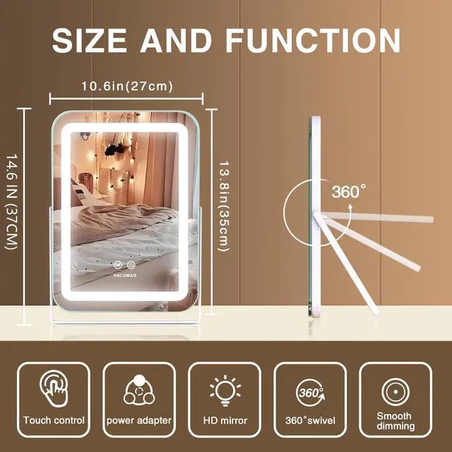 Alt view image 4 of 7 - _Mega Brand Vanity Mirror with Lights, 14.5" Light Up Makeup Mirror, LED Makeup Mirror with Lights for Bedroom Tabletop, Smart Touch Control 3 Colors Dimmable, 360° Rotation