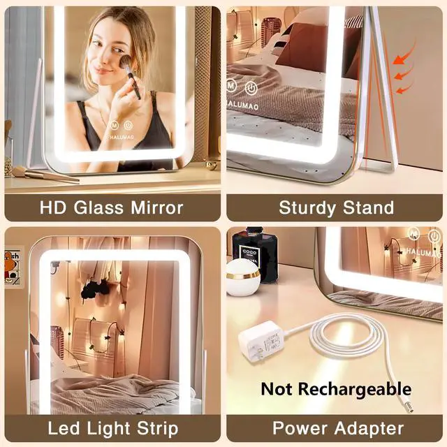 Alt view image 5 of 7 - _Mega Brand Vanity Mirror with Lights, 14.5" Light Up Makeup Mirror, LED Makeup Mirror with Lights for Bedroom Tabletop, Smart Touch Control 3 Colors Dimmable, 360° Rotation