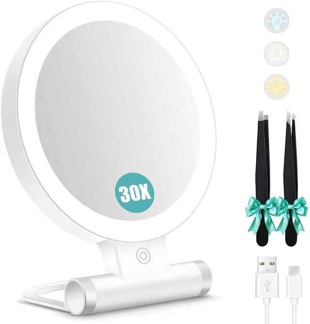 Main image of Planet Magnifying Mirror with Light 30X, Double-Sided 1X/ 30X Magnifying Makeup Mirror with Tweezer, 2000mAh 3 Colour Modes with Adjustable Brightness,Foldable Travel Mirror(9" L x 7" W)