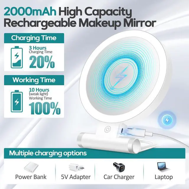 Alt view image 6 of 7 - Planet Magnifying Mirror with Light 30X, Double-Sided 1X/ 30X Magnifying Makeup Mirror with Tweezer, 2000mAh 3 Colour Modes with Adjustable Brightness,Foldable Travel Mirror(9" L x 7" W)
