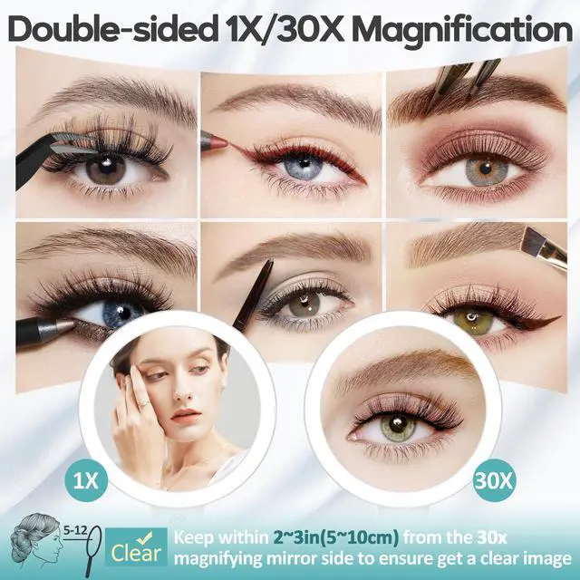 Alt view image 4 of 7 - Planet Magnifying Mirror with Light 30X, Double-Sided 1X/ 30X Magnifying Makeup Mirror with Tweezer, 2000mAh 3 Colour Modes with Adjustable Brightness,Foldable Travel Mirror(9" L x 7" W)