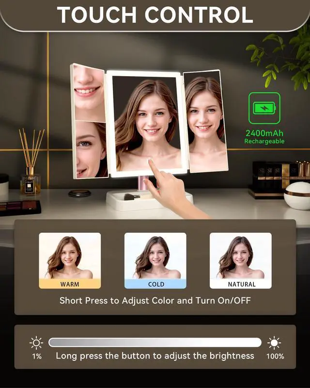 Alt view image 2 of 7 - for Mom Makeup Mirror Vanity Mirror with Lights, 14.4" L x 9.1" W Rechargeable Lighted Mirror with 1X 2X 3X Magnification, 76 LEDs & 3 Color Modes, Gifts for Women, Wife, Teengirls