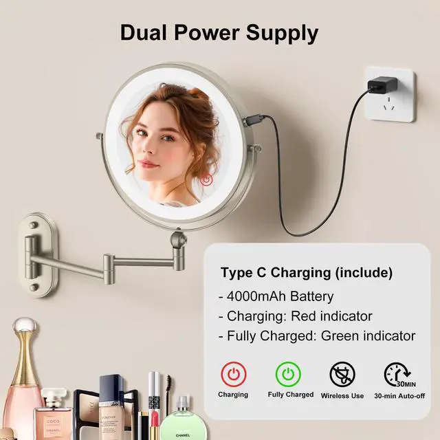 Alt view image 4 of 6 - 9" Wall Mounted Lighted Makeup Mirror,4000mAh Rechargeable Double Sided 1X/10X Magnifying Mirror with Light,3 Color Lights,Touch Dimmable,Extended Arm 360 Rotation Wall Mounted Makeup Mirror