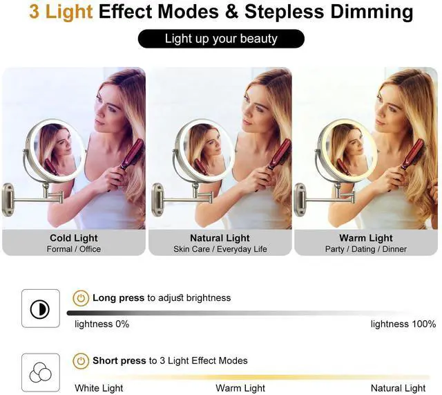 Alt view image 5 of 6 - 9" Wall Mounted Lighted Makeup Mirror,4000mAh Rechargeable Double Sided 1X/10X Magnifying Mirror with Light,3 Color Lights,Touch Dimmable,Extended Arm 360 Rotation Wall Mounted Makeup Mirror