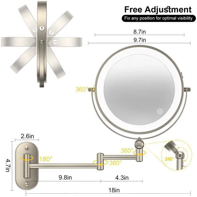 Alt view image 6 of 6 - 9" Wall Mounted Lighted Makeup Mirror,4000mAh Rechargeable Double Sided 1X/10X Magnifying Mirror with Light,3 Color Lights,Touch Dimmable,Extended Arm 360 Rotation Wall Mounted Makeup Mirror