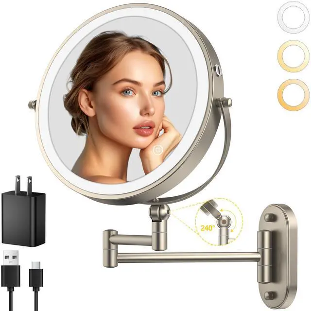 Main image of 9" Wall Mounted Lighted Makeup Mirror,4000mAh Rechargeable Double Sided 1X/10X Magnifying Mirror with Light,3 Color Lights,Touch Dimmable,Extended Arm 360 Rotation Wall Mounted Makeup Mirror