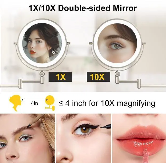 Alt view image 3 of 6 - 9" Wall Mounted Lighted Makeup Mirror,4000mAh Rechargeable Double Sided 1X/10X Magnifying Mirror with Light,3 Color Lights,Touch Dimmable,Extended Arm 360 Rotation Wall Mounted Makeup Mirror