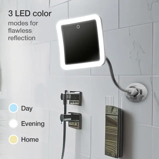 Alt view image 3 of 7 - JAYSUING 10x Flexible Magnifying Mirror with 3 LED Light Settings, Rechargeable - Gooseneck Lighted Makeup Mirror for Bathroom, Locking Suction Mount, Cordless, 360° Rotatable (Mira 2 Plus)