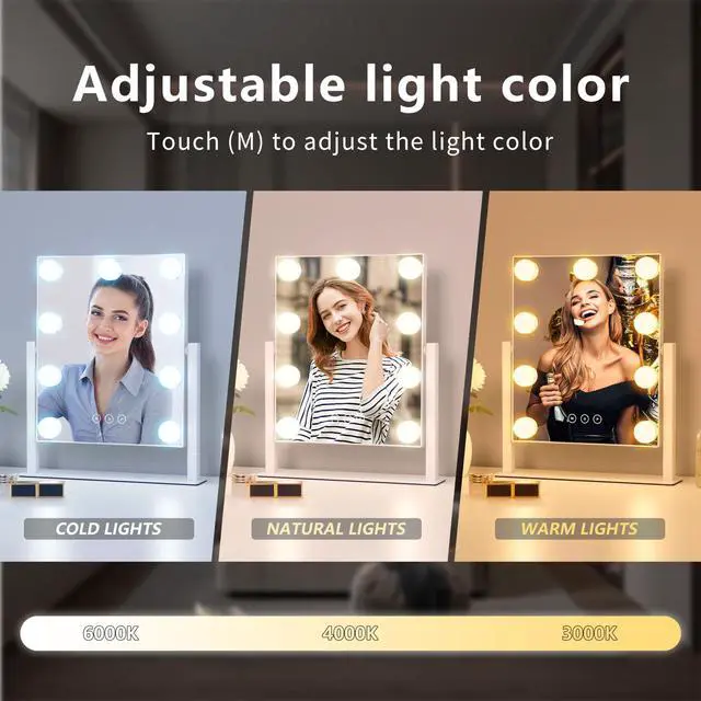 Alt view image 2 of 7 - _Mega Brand Vanity Mirror with Lights, Hollywood Vanity Makeup Mirror with 9 Dimmable LED Bulbs, 3 Color Lighting Modes, Detachable 10X Magnification, 360°Rotation,White