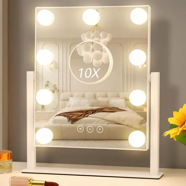 Main image of _Mega Brand Vanity Mirror with Lights, Hollywood Vanity Makeup Mirror with 9 Dimmable LED Bulbs, 3 Color Lighting Modes, Detachable 10X Magnification, 360°Rotation,White