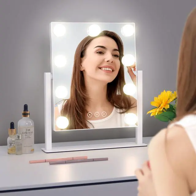 Alt view image 7 of 7 - _Mega Brand Vanity Mirror with Lights, Hollywood Vanity Makeup Mirror with 9 Dimmable LED Bulbs, 3 Color Lighting Modes, Detachable 10X Magnification, 360°Rotation,White