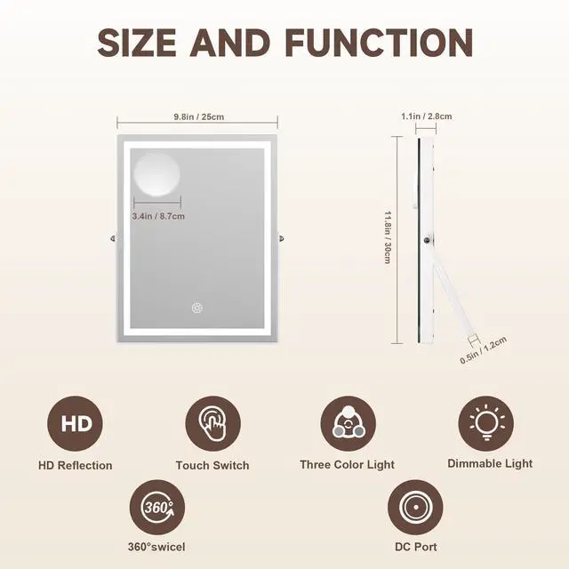 Alt view image 2 of 7 - _Mega Brand Vanity Mirror with Lights, 9.8" x 12" LED Makeup Mirror, Light & Brightness Adjustment, Smart Sensor, 360°Rotation, Aluminum Alloy Metal White Frame, with 5X Magnifying Glass