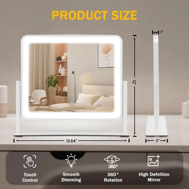 Alt view image 2 of 5 - _Mega Brand Vanity Mirror with Lights, 14"×12" LED Makeup Mirror, HD Professional Mirror, Smart Touch with 3-Color Lighting, Dimmable, 360° Rotation, Lighted Up for Makeup Desk, Bedroom (White)
