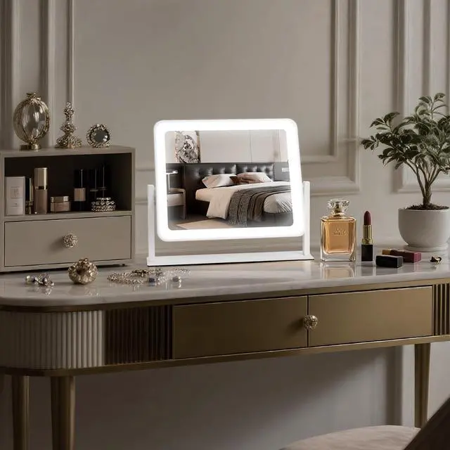Alt view image 5 of 5 - _Mega Brand Vanity Mirror with Lights, 14"×12" LED Makeup Mirror, HD Professional Mirror, Smart Touch with 3-Color Lighting, Dimmable, 360° Rotation, Lighted Up for Makeup Desk, Bedroom (White)