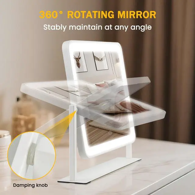 Alt view image 3 of 5 - _Mega Brand Vanity Mirror with Lights, 14"×12" LED Makeup Mirror, HD Professional Mirror, Smart Touch with 3-Color Lighting, Dimmable, 360° Rotation, Lighted Up for Makeup Desk, Bedroom (White)
