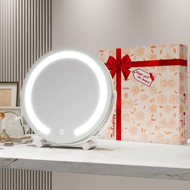 Alt view image 2 of 7 - _Mega Brand Vanity Mirror with Lights, 12 Inch Light Up Makeup Mirror, LED Makeup Mirror with Lights for Bedroom Tabletop, Smart Touch Control 3 Colors Dimmable, 360° Rotation, White