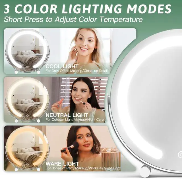 Alt view image 3 of 7 - _Mega Brand Vanity Mirror with Lights, 12 Inch Light Up Makeup Mirror, LED Makeup Mirror with Lights for Bedroom Tabletop, Smart Touch Control 3 Colors Dimmable, 360° Rotation, White