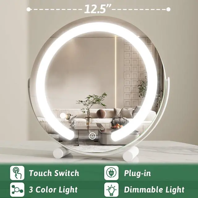 Alt view image 6 of 7 - _Mega Brand Vanity Mirror with Lights, 12 Inch Light Up Makeup Mirror, LED Makeup Mirror with Lights for Bedroom Tabletop, Smart Touch Control 3 Colors Dimmable, 360° Rotation, White
