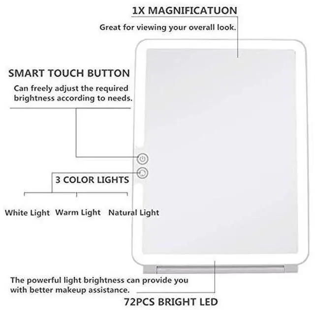 Alt view image 3 of 6 - Folding Lighted Makeup Mirror with 72 LEDs 3 Colors Light Modes USB Rechargable 1800mA Batteries Portable Ultra Thin Compact Vanity Mirror Dimmable Travel Mirror