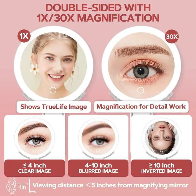 Alt view image 2 of 7 - _Mega Brand Mirror, 30X Magnifying Mirror with Light and Adjustable Brightness, Hanging and Handheld Mirror with Handle, Portable Travel Makeup Mirror with Lights, Vanity Mirrors for Women