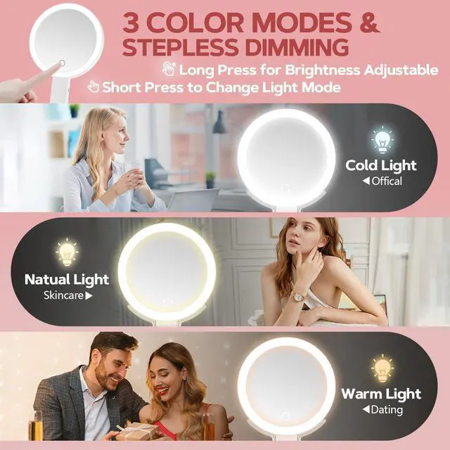 Alt view image 3 of 7 - _Mega Brand Mirror, 30X Magnifying Mirror with Light and Adjustable Brightness, Hanging and Handheld Mirror with Handle, Portable Travel Makeup Mirror with Lights, Vanity Mirrors for Women