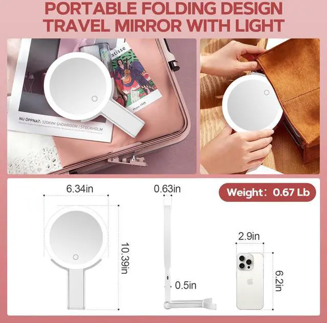 Alt view image 5 of 7 - _Mega Brand Mirror, 30X Magnifying Mirror with Light and Adjustable Brightness, Hanging and Handheld Mirror with Handle, Portable Travel Makeup Mirror with Lights, Vanity Mirrors for Women