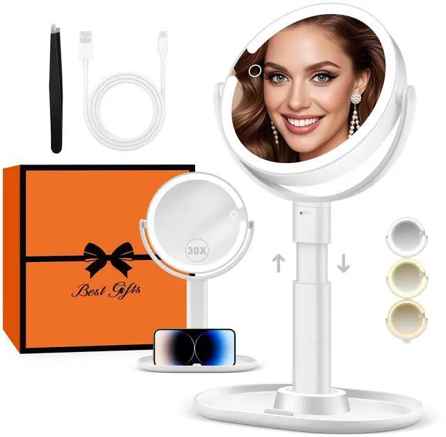 Main image of _Mega Brand Makeup Mirror with Lights, Lighted Magnifying Mirror 30X with 3 Lighting and Adjustable Brightness, 2-Sided Height Adjustable Vanity Mirror for Bathroom, Gifts for Women White