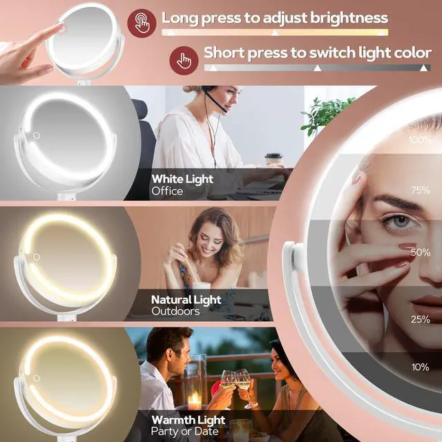 Alt view image 2 of 7 - _Mega Brand Makeup Mirror with Lights, Lighted Magnifying Mirror 30X with 3 Lighting and Adjustable Brightness, 2-Sided Height Adjustable Vanity Mirror for Bathroom, Gifts for Women White