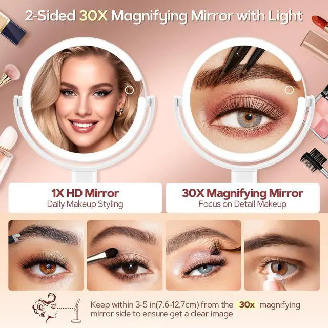 Alt view image 3 of 7 - _Mega Brand Makeup Mirror with Lights, Lighted Magnifying Mirror 30X with 3 Lighting and Adjustable Brightness, 2-Sided Height Adjustable Vanity Mirror for Bathroom, Gifts for Women White