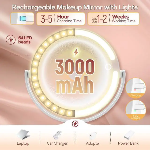 Alt view image 5 of 7 - _Mega Brand Makeup Mirror with Lights, Lighted Magnifying Mirror 30X with 3 Lighting and Adjustable Brightness, 2-Sided Height Adjustable Vanity Mirror for Bathroom, Gifts for Women White
