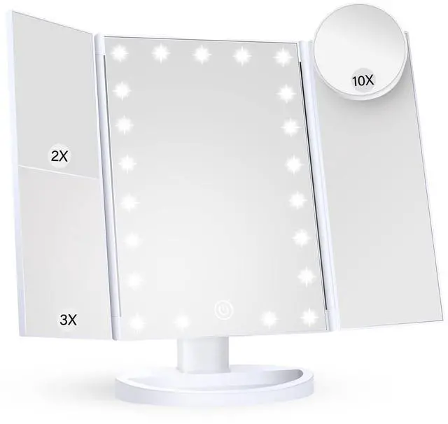 Main image of _Mega Brand Makeup Mirror Vanity Mirror with Lights, 2X, 3X, 10X Magnification, Touch Control, Trifold, White, 9.4" L x 13.4" W, Modern Style, Dresser Mount, Bathroom