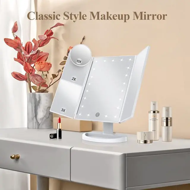 Alt view image 2 of 6 - _Mega Brand Makeup Mirror Vanity Mirror with Lights, 2X, 3X, 10X Magnification, Touch Control, Trifold, White, 9.4" L x 13.4" W, Modern Style, Dresser Mount, Bathroom