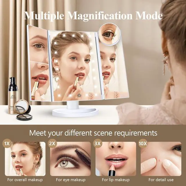 Alt view image 4 of 6 - _Mega Brand Makeup Mirror Vanity Mirror with Lights, 2X, 3X, 10X Magnification, Touch Control, Trifold, White, 9.4" L x 13.4" W, Modern Style, Dresser Mount, Bathroom