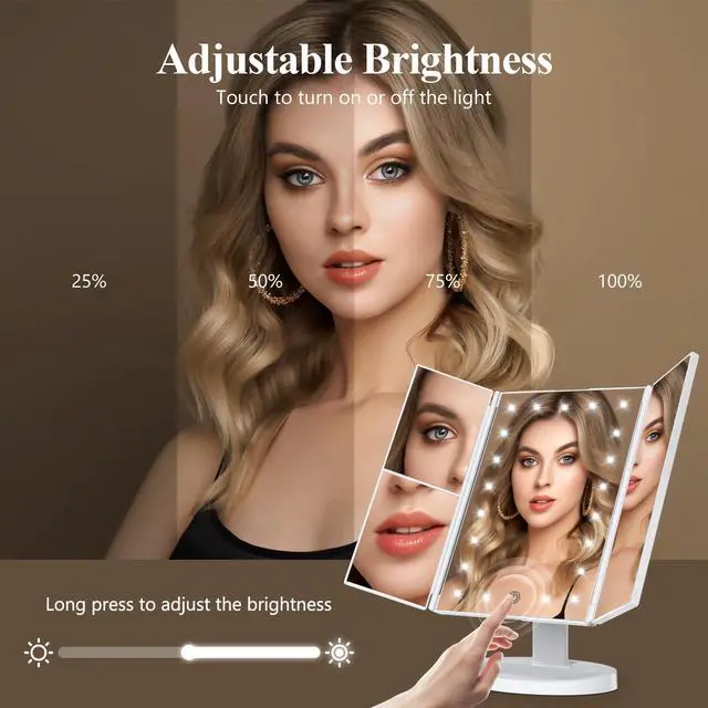 Alt view image 3 of 6 - _Mega Brand Makeup Mirror Vanity Mirror with Lights, 2X, 3X, 10X Magnification, Touch Control, Trifold, White, 9.4" L x 13.4" W, Modern Style, Dresser Mount, Bathroom