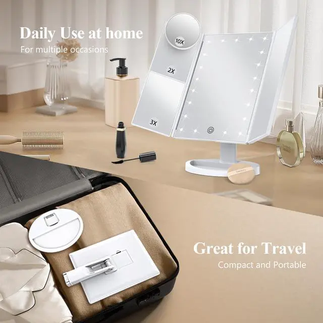 Alt view image 5 of 6 - _Mega Brand Makeup Mirror Vanity Mirror with Lights, 2X, 3X, 10X Magnification, Touch Control, Trifold, White, 9.4" L x 13.4" W, Modern Style, Dresser Mount, Bathroom