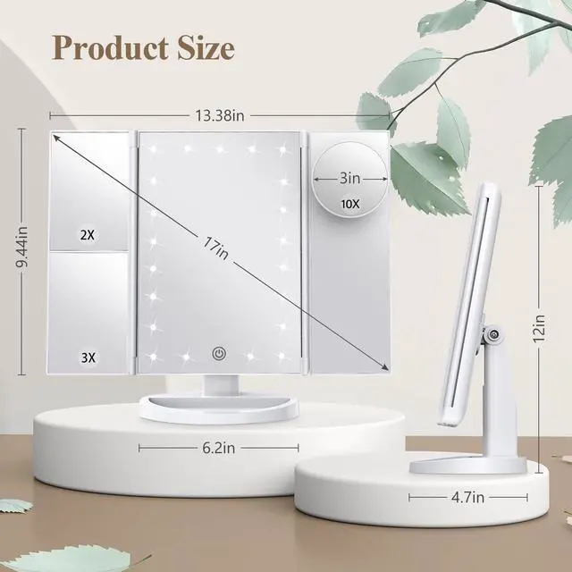 Alt view image 6 of 6 - _Mega Brand Makeup Mirror Vanity Mirror with Lights, 2X, 3X, 10X Magnification, Touch Control, Trifold, White, 9.4" L x 13.4" W, Modern Style, Dresser Mount, Bathroom