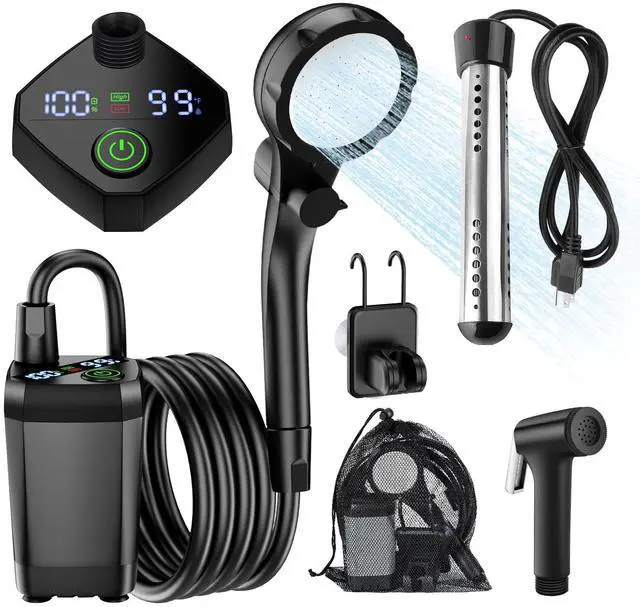 Main image of _Mega Brand Portable Camping Shower with Heater, Long-Lasting 6000mAh Rechargeable Camping Shower with Sprayer Head,4 Spray Modes,IPX7 Waterproof Outdoor Camp Pump for Hiking, Travel, Car, Pet