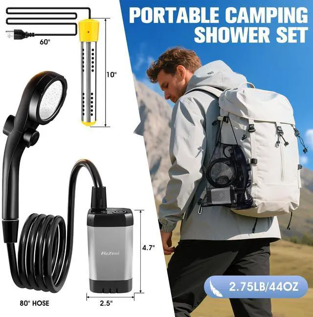 Alt view image 7 of 7 - _Mega Brand Shower With Heater,Portable Shower For Camping With 2000W Auto-Off Heater,4 Spray Modes,Lasting 140 mins,LED Display,Portable Shower Pump,Outdoor Shower For Camping,Hiking,Travel,Car,Pet