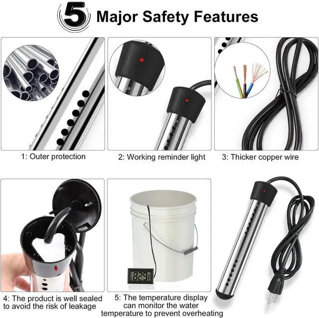 Alt view image 2 of 6 - _Mega Brand Immersion Water Heater 2Pack, Portable Electric 304 Stainless Heaters with Guard Cover - LCD Thermometer for Above Ground Inflatable Pool Tub Buckets Motorhome Camping Outdoor