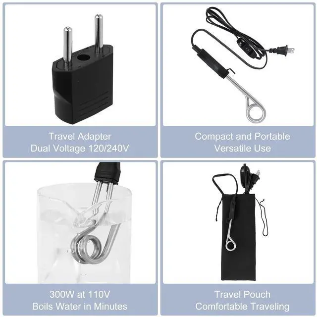 Alt view image 3 of 6 - Portable Immersion Cup Mug Water Heater Traveling/Camping Accessories - 300W with On/Off Switch - 120/240V Dual Voltage Travel Adapter - Electric Kettle Alternative - Warmer for Ta Coffee Hot Drinks