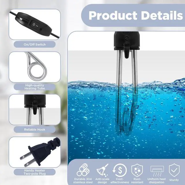 Alt view image 4 of 6 - Portable Immersion Cup Mug Water Heater Traveling/Camping Accessories - 300W with On/Off Switch - 120/240V Dual Voltage Travel Adapter - Electric Kettle Alternative - Warmer for Ta Coffee Hot Drinks