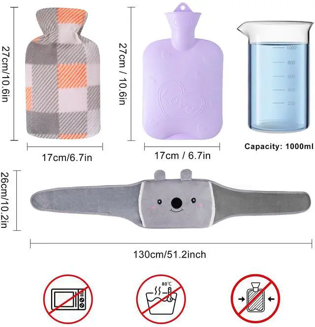 Alt view image 2 of 7 - _Mega Brand Hot Water Bag, Hot Water Bottle wtih Cover, 1L Rubber Warm Hot Water Bottles Pouch with 130cm Long Soft Waist Cover for Neck, Shoulder, Back, Hand, Legs and Period Pain Relief